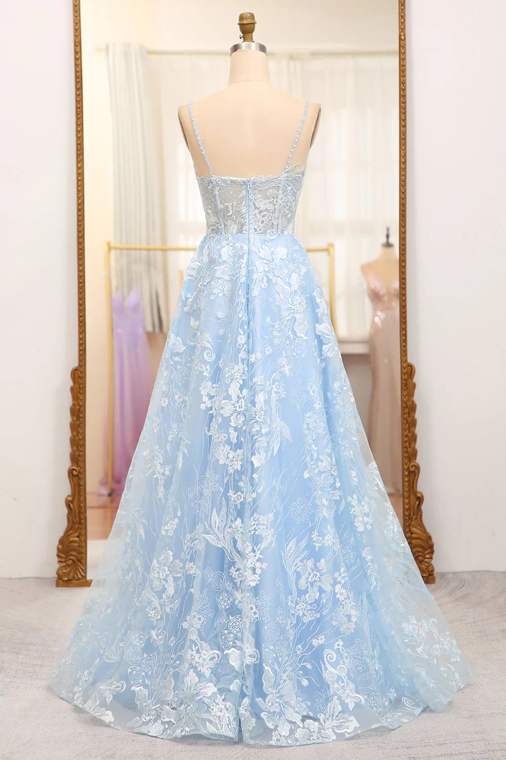 A-Line Spaghetti Straps Tulle Long Prom Dress With Appliques Sky Blue