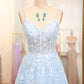 A-Line Spaghetti Straps Tulle Long Prom Dress With Appliques Sky Blue