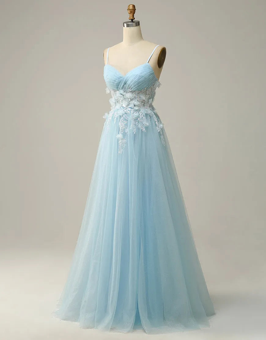 A-Line Spaghetti Straps Tulle Prom Dress With 3D Appliques Long