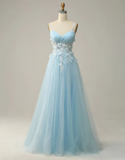 A-Line Spaghetti Straps Tulle Prom Dress With 3D Appliques Long