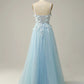 A-Line Spaghetti Straps Tulle Prom Dress With 3D Appliques Long