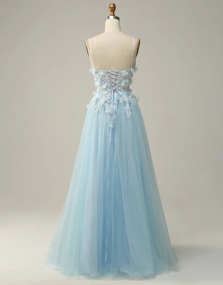 A-Line Spaghetti Straps Tulle Prom Dress With 3D Appliques Long