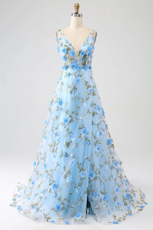 A-Line V-Neck Long Prom Dress with 3D Flowers Sexy Beautiful