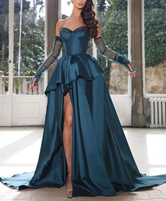 A-Line/Princess Strapless Half Sleeves Floor-Length Long Formal Evening Dresses With Split