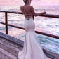 Spaghetti Straps V Neck Satin Prom Dresses Lace Criss Cross Mermaid Evening Dresses Sexy