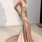 Spaghetti Straps V Neck Satin Prom Dresses Lace Criss Cross Mermaid Evening Dresses Sexy