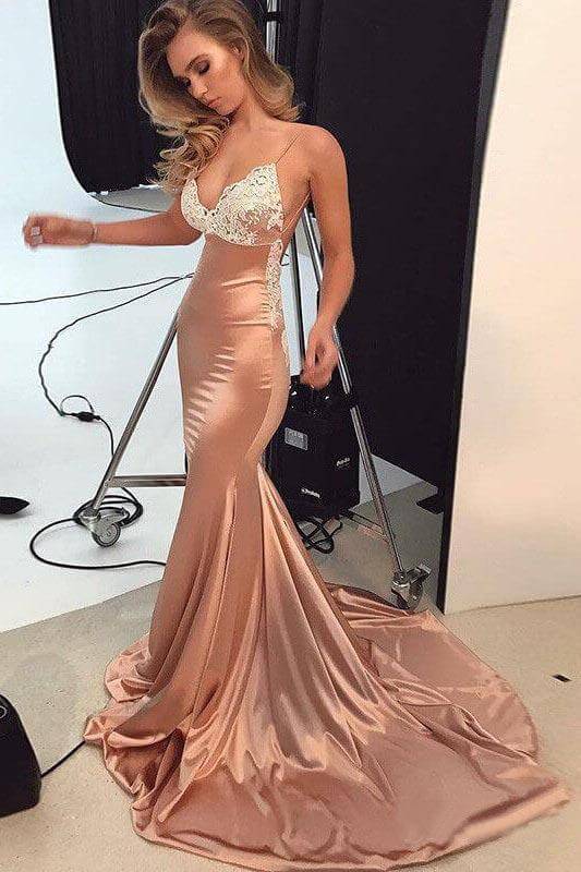 Spaghetti Straps V Neck Satin Prom Dresses Lace Criss Cross Mermaid Evening Dresses Sexy
