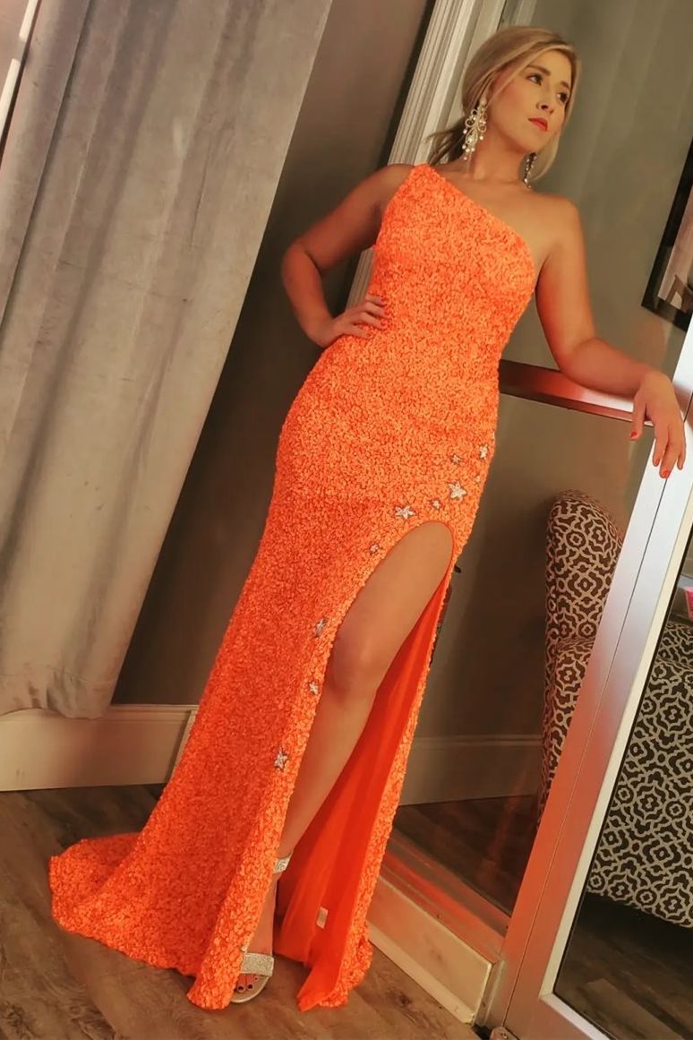 Sparkle Sequin One Shoulder Mermaid Backless Split Prom Dress With Star Sexy Evening Dresses