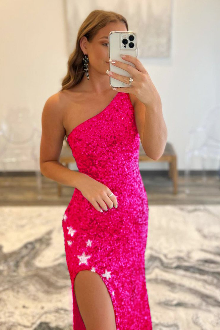 Sparkle Sequin One Shoulder Mermaid Backless Split Prom Dress With Star Sexy Evening Dresses