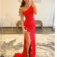 Sparkle Sequin One Shoulder Mermaid Backless Split Prom Dress With Star Sexy Evening Dresses