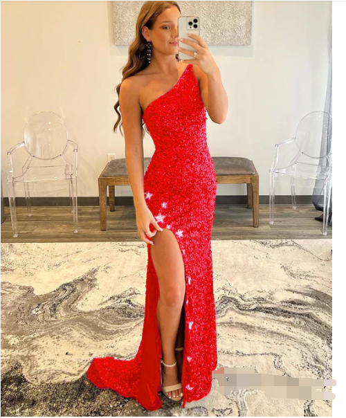 Sparkle Sequin One Shoulder Mermaid Backless Split Prom Dress With Star Sexy Evening Dresses