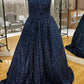 Sparkly A Line One Shoulder Sequin Long Prom Dresses Floor Length
