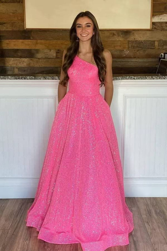 Sparkly A Line One Shoulder Sequin Long Prom Dresses Floor Length