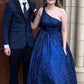 Sparkly A Line One Shoulder Sequin Long Prom Dresses Floor Length