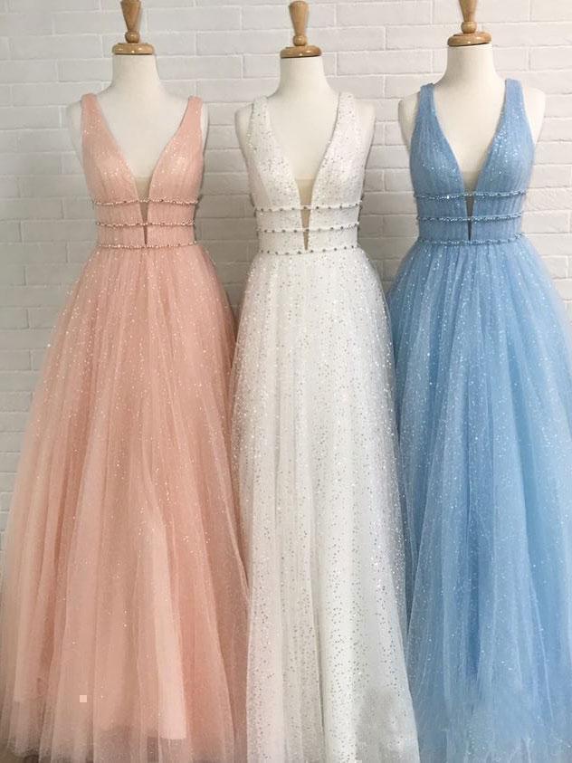 Sparkly Deep V Neck Long Beaded Backless Light Blue Prom Dresses Evening Party Dresses Sparkly