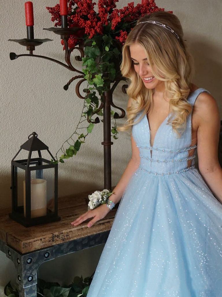 Sparkly Deep V Neck Long Beaded Backless Light Blue Prom Dresses Evening Party Dresses Sparkly
