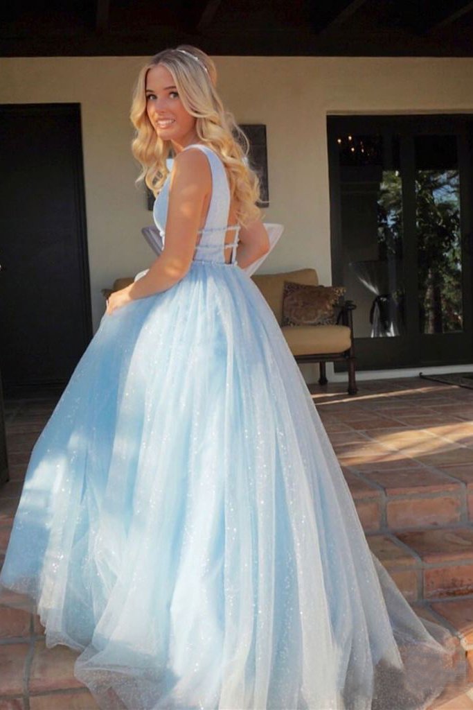 Sparkly Deep V Neck Long Beaded Backless Light Blue Prom Dresses Evening Party Dresses Sparkly