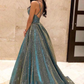 Sparkly Spaghetti Straps Green Sequins Prom Dresses Backless V-neck Sexy Evening Dresses