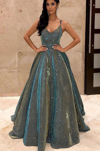 Sparkly Spaghetti Straps Green Sequins Prom Dresses Backless V-neck Sexy Evening Dresses