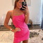 Short Sparkly Sequin Hot Pink Spaghetti Straps Tight Homecoming Dress