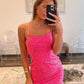 Short Sparkly Sequin Hot Pink Spaghetti Straps Tight Homecoming Dress