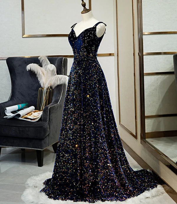 Sparkly A-line Sleeveless Lace Up Back Sequin Long Formal Prom Dress Shiny Party Evening Gown Charming Graduation Dress