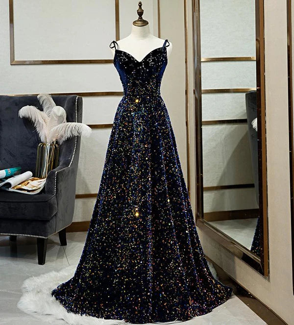 Sparkly A-line Sleeveless Lace Up Back Sequin Long Formal Prom Dress Shiny Party Evening Gown Charming Graduation Dress