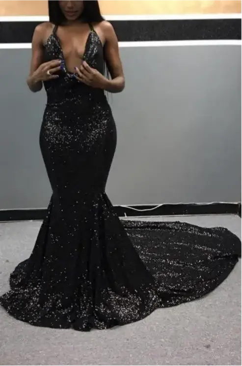Sparkly Mermaid Sleeveless Black Sequin Long Prom Dress Charming Formal Dress Sexy Party Evening Gowns