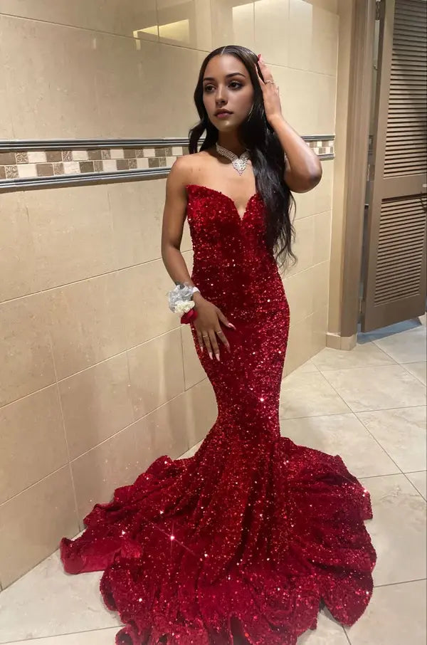 Sparkly Mermaid Strapless Sequins Long Prom Dress Charming Formal Dress Sexy Party Evening Gowns