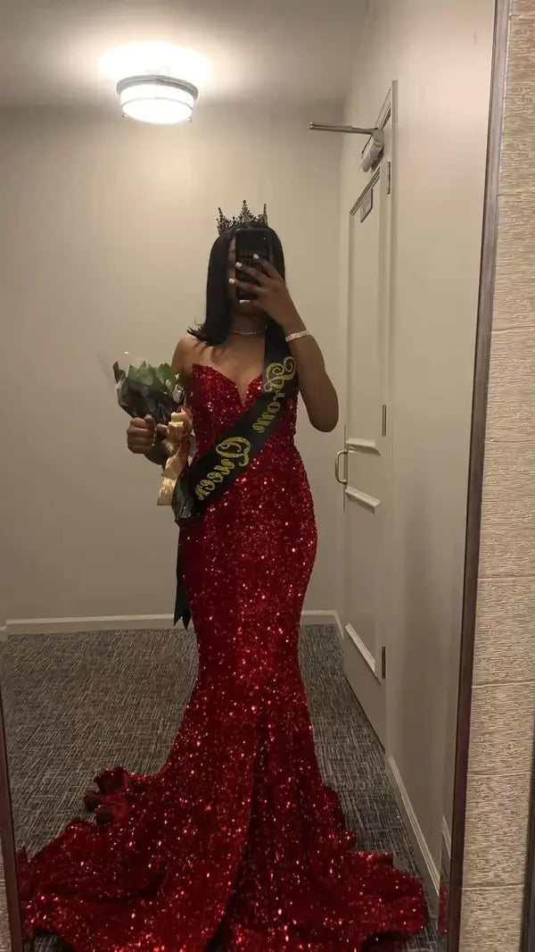 Sparkly Mermaid Strapless Sequins Long Prom Dress Charming Formal Dress Sexy Party Evening Gowns