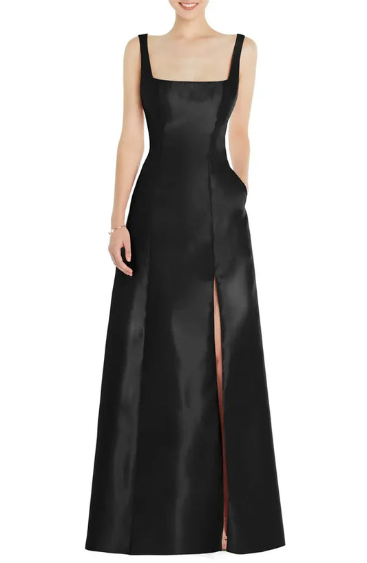 Simple and elegant A-shaped off shoulder square collar with satin and floor length front slit and backless evening dress Party Dress