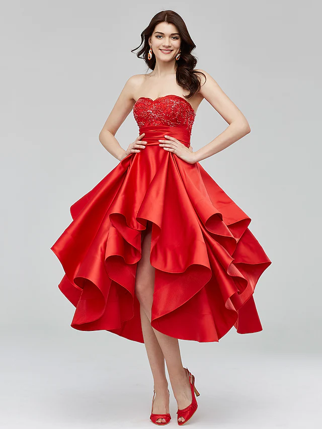 A-Line Fit & Flare Open Back Homecoming Cocktail Party Prom Dress Sweetheart Neckline Sleeveless Asymmetrical Satin with Beading