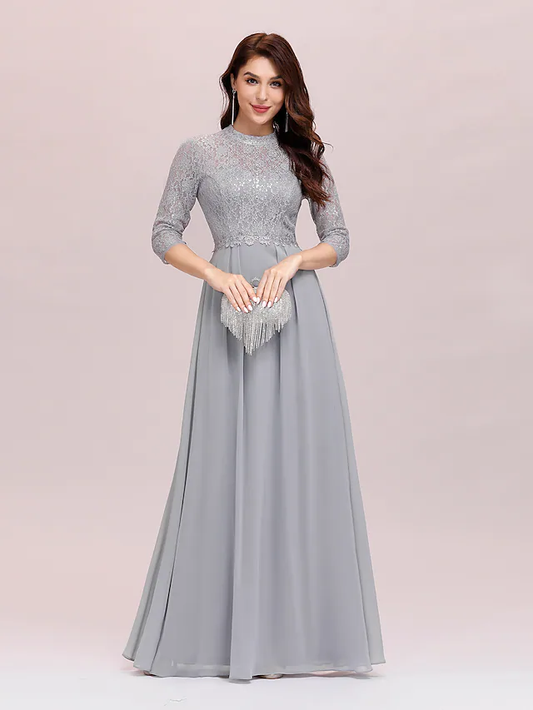 A-Line Mother of the Bride Dress Plus Size Elegant Jewel Neck Floor Length Chiffon Lace Length Sleeve