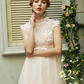 A-Line Wedding Dresses High Neck Sweep Brush Train Tulle Short Sleeve Open Back with Bowknot Sash Ribbon