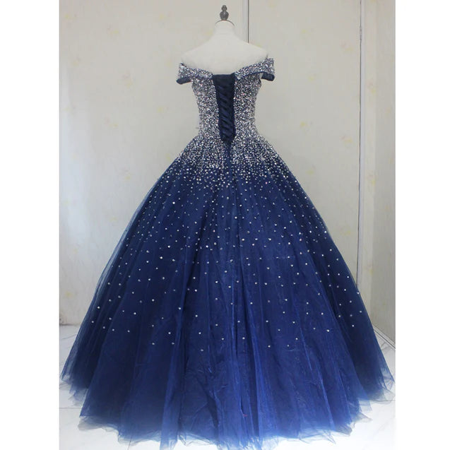 Blue Sparkle Off Shoulder Ball Party Dress Handmade Beaded Party Dress Elegant Prom Dress Evening Dress
