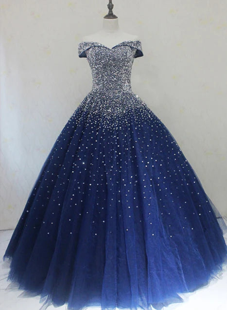 Blue Sparkle Off Shoulder Ball Party Dress Handmade Beaded Party Dress Elegant Prom Dress Evening Dress