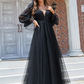 A-Line Wedding Dresses V Neck Floor Length Lace Tulle Long Sleeve Romantic Sexy Black with Pleats