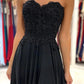 Black sweetheart A line chiffon lace long prom dress evening dress Off Shoulder With Slit