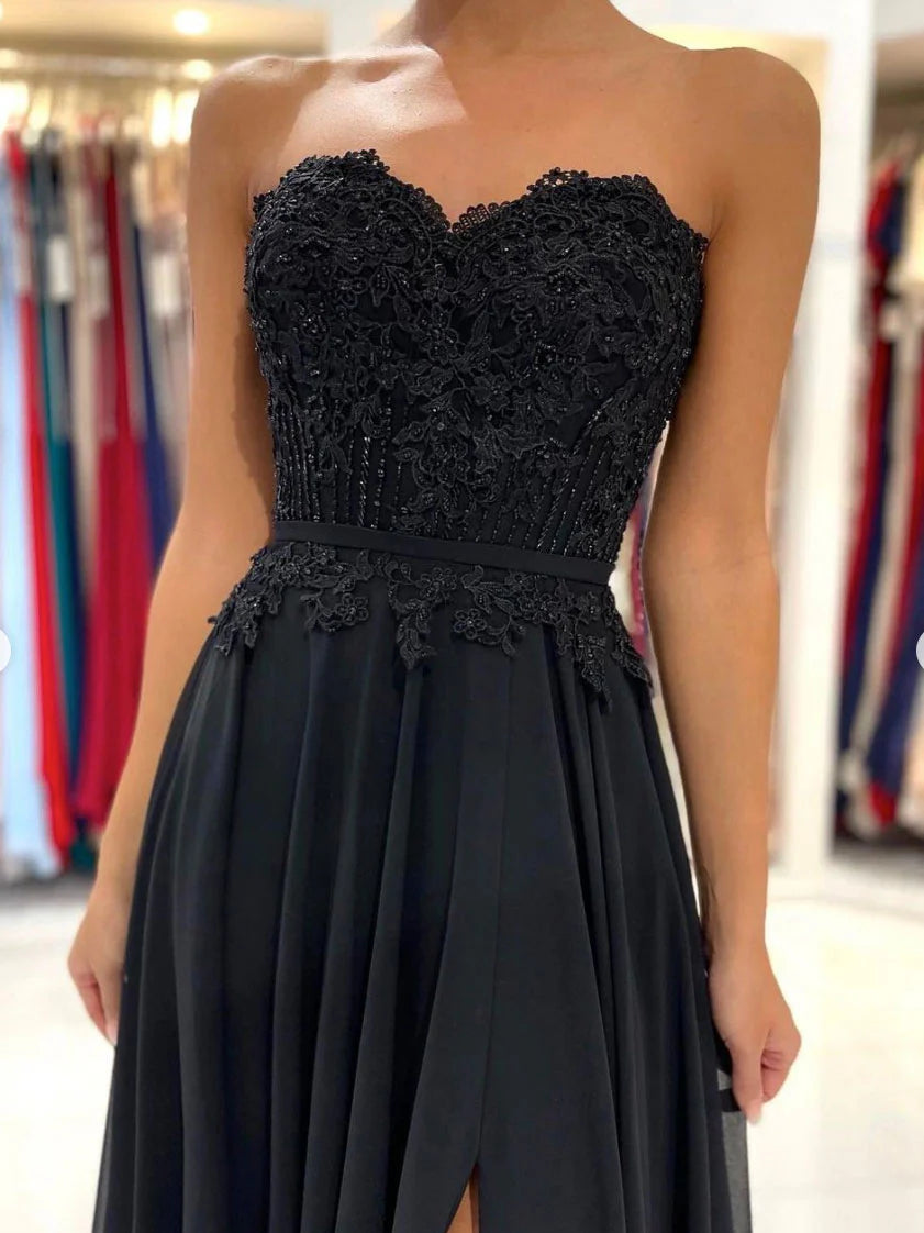 Black sweetheart A line chiffon lace long prom dress evening dress Off Shoulder With Slit