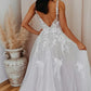 Elegant V-neck A-line Wedding Dresses Tulle Appliqued Gowns Floor Length Beautiful