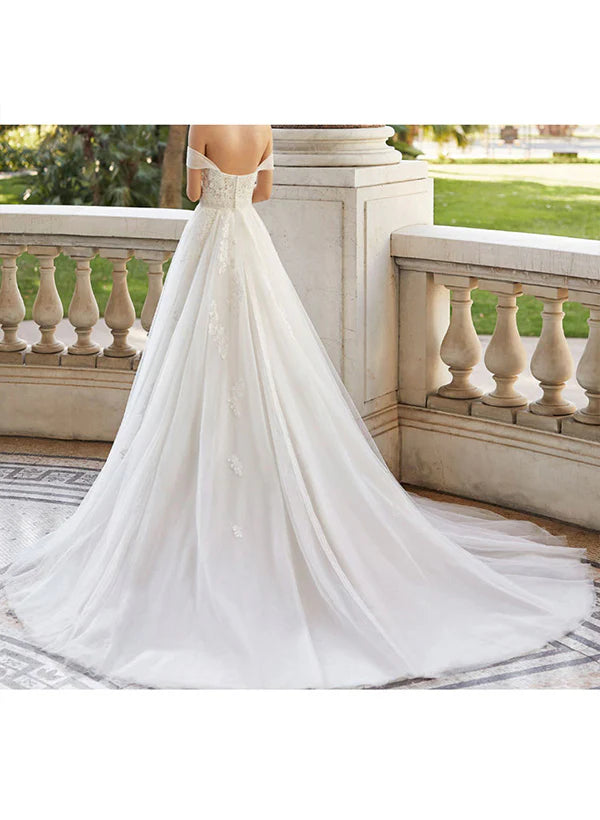 Off-The-Shoulder Ball-Gown Wedding Dresses With Short Sleeves Tulle Lace And Appliques Elegant