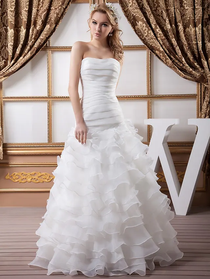 A-Line Wedding Dresses Strapless Floor Length Organza Satin Strapless with Ruched Cascading