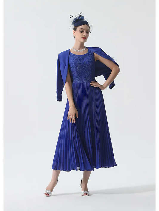 Two Piece Mother of the Bride Dress Elegant & Luxurious Wrap Included Scoop Neck Tea Length Chiffon 3/4 Length Sleeve with Lace