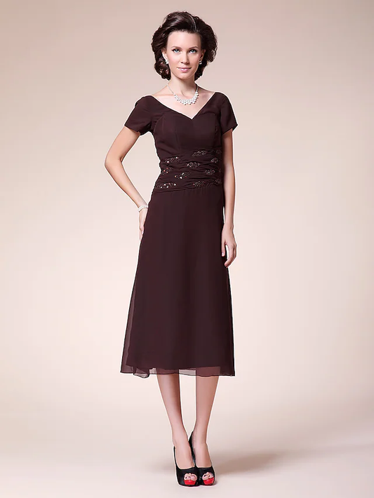 Ball Gown Cocktail Party Wedding Party Dress V Neck Short Sleeve Tea Length Chiffon with Ruched