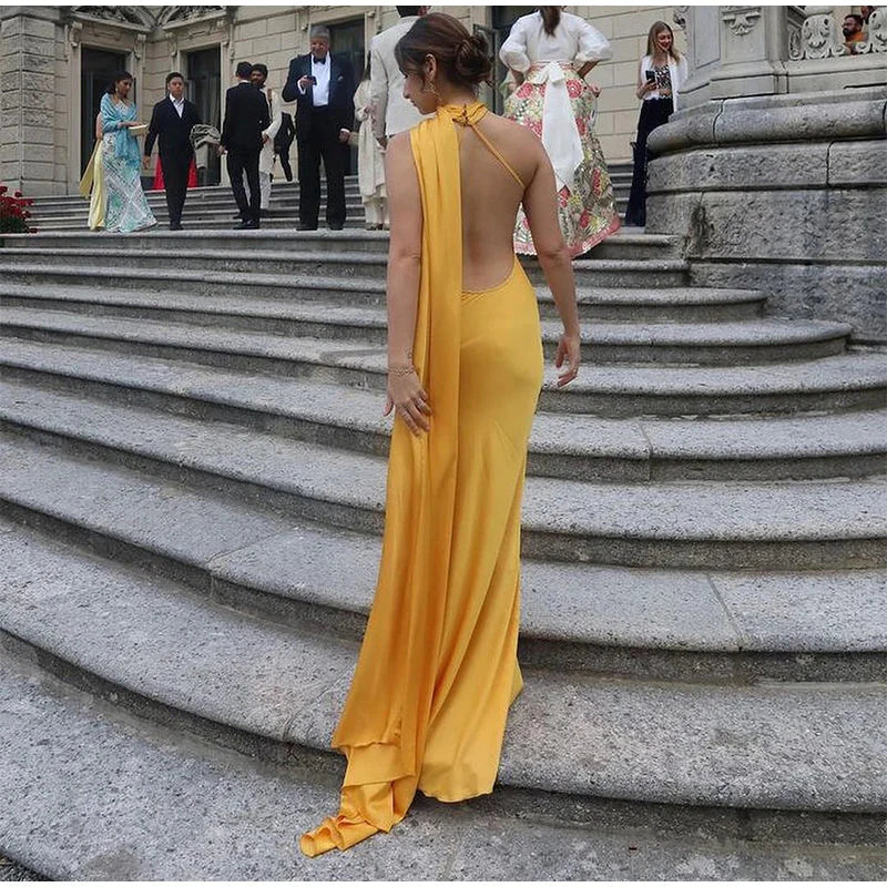 Fashion Mermaid Halter Backless Satin Long Formal Prom Dress Elegant Party Evening Gown