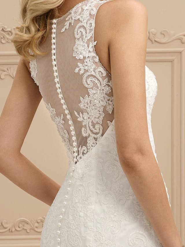 Wedding Dresses Bateau Neck All Over Lace Regular Straps Sexy Illusion Detail Backless with Beading