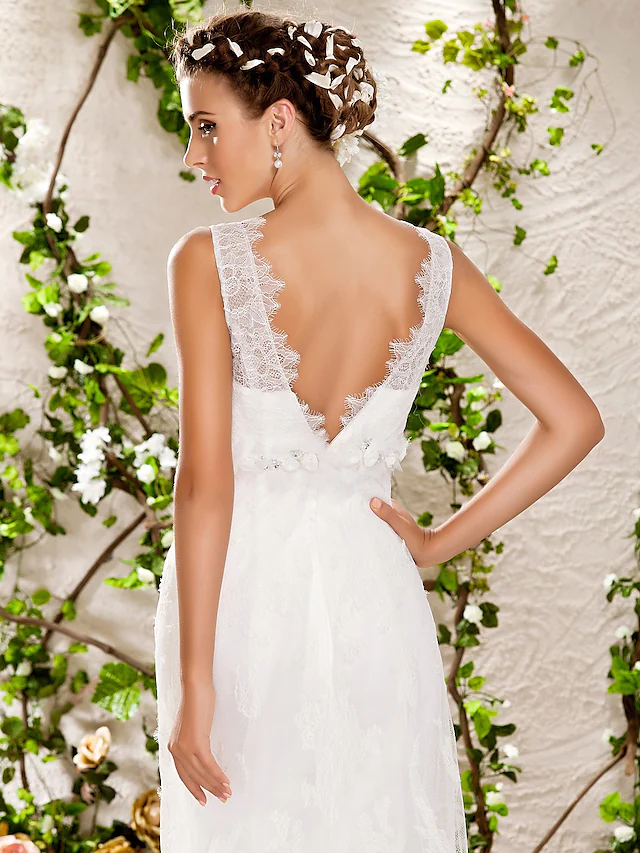 Wedding Dresses V Neck Chapel Train Lace Sleeveless Long Pure Color