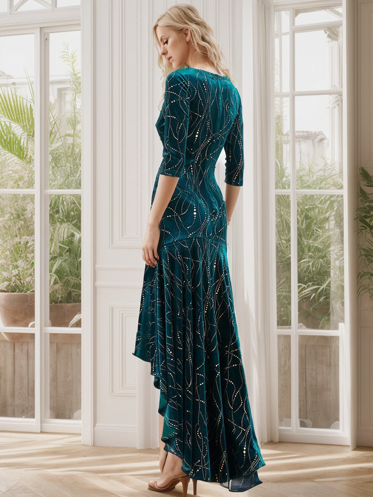 Women's Stylish Bodycon High-Low Velvet Party Dress Sparkly