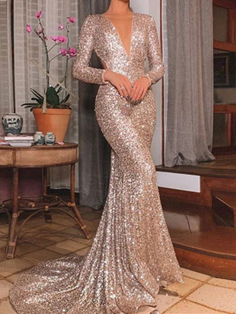 Trumpet/Mermaid Sequin V-Neck Sweep/Brush Train Long Prom Dresses Sparkly Evening Dresses