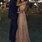 A-Line/Princess Tulle V-Neck Floor-Length Long Prom Dresses With Paillette Sparkly Evening Dresses